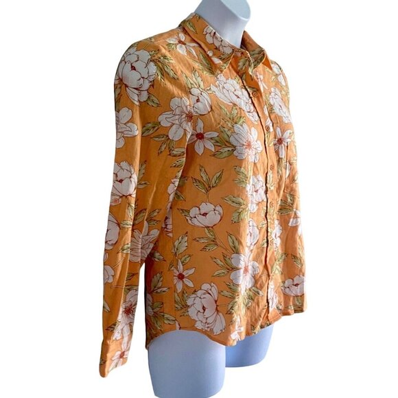 Blue Sol Linen Blend Floral Long Sleeve Button Up Shirt Roll Tab Women's Medium - Picture 4 of 10